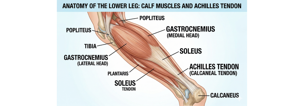A close-up graphic or photo illustrating the anatomy of the lower leg, highlighting the calf muscles (gastrocnemius and soleus) and the Achilles tendon