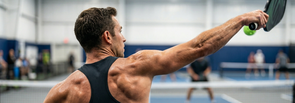 An action shot of a player performing a controlled overhead swing, highlighting the shoulder and back muscles in motion