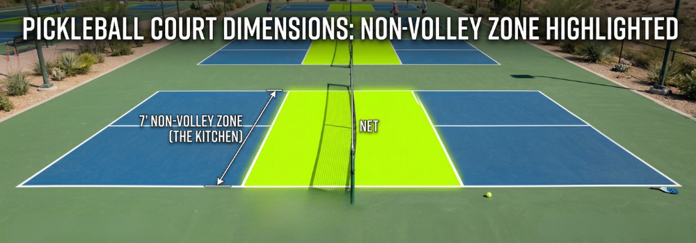 A top-down or angled view of a pickleball court, highlighting the 7-foot Non-Volley Zone (the kitchen) in a distinct, bright color