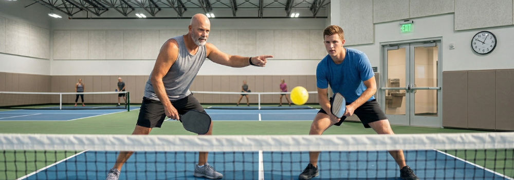 A dynamic, eye-level shot of two pickleball doubles partners at the kitchen line, intensely focused on the ball. One partner is pointing confidently toward the middle of the court.