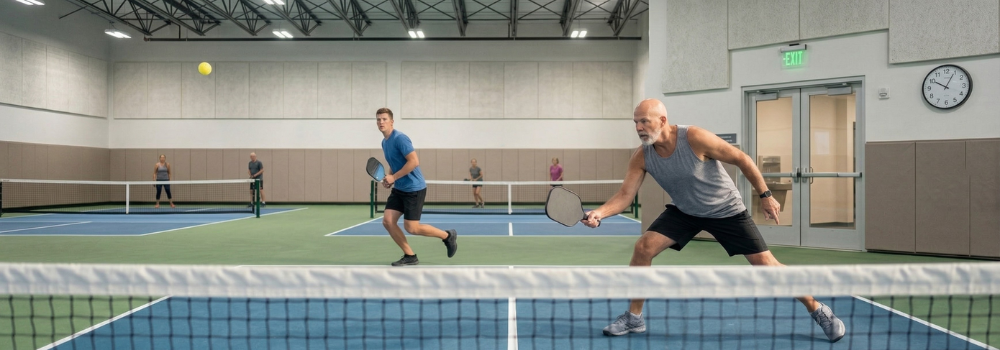A wide-angle action shot capturing the exact moment of a switch during a lob defense